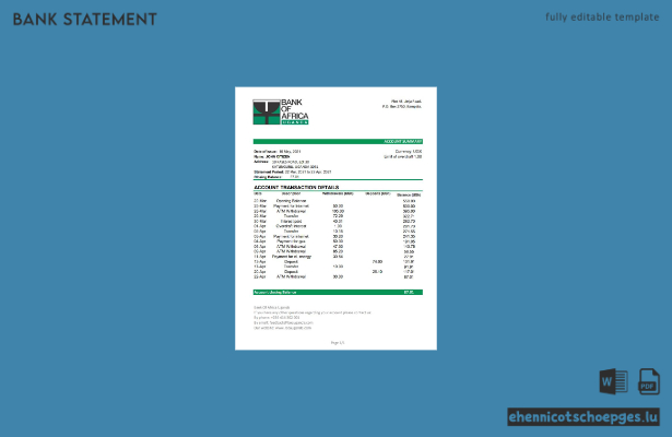 Beispiel-Excel-Vorschau eines Kontoauszugs der Bank von Uganda (Bank von Afrika)